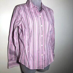 GAP STRETCH STRIPED PURPLE/PINK/WHITE/BROWN BUTTON FRONT BLOUSE MEDIUM-EUC